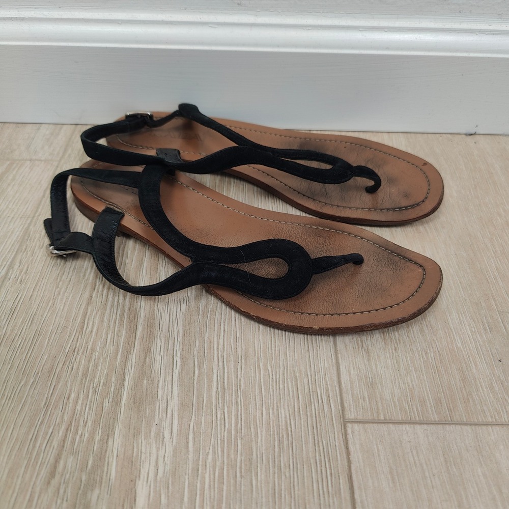 Prada Sandals Women 38 8 Black Suede T-Strap Thong Ankle Strap Flat Luxury - Picture 2 of 10
